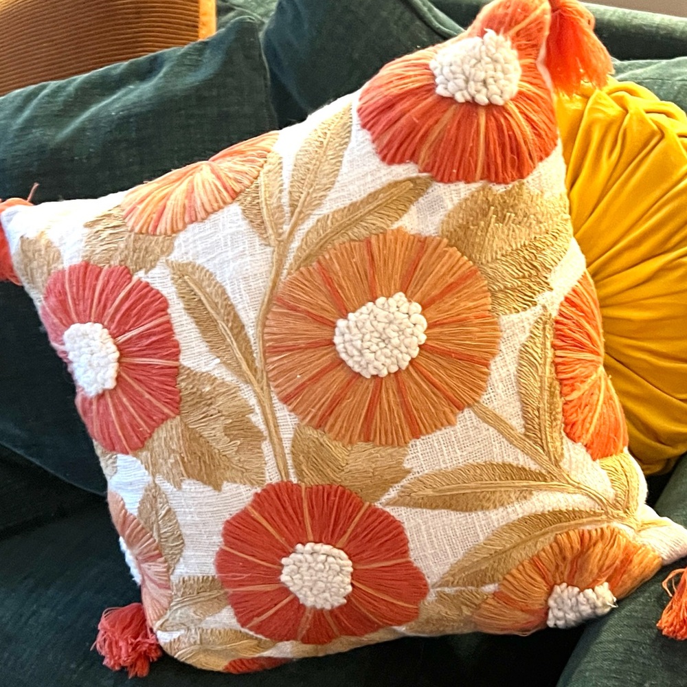Crewel Terracotta Stunning Embroidery Pillow,Sun-Coral, Boho,l Cushion, Size 18” - Picture 8 of 8